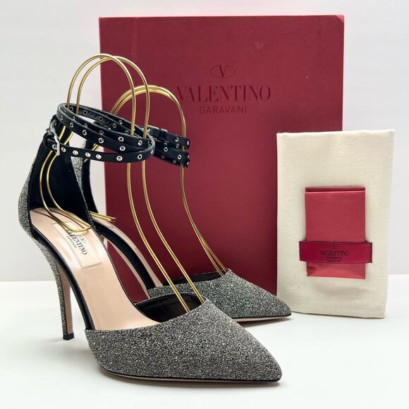 VALENTINO GARAVANI Glitter Ankle Strap Pumps EU 38 US 8 Silver Metallic Heels - Picture 11 of 11